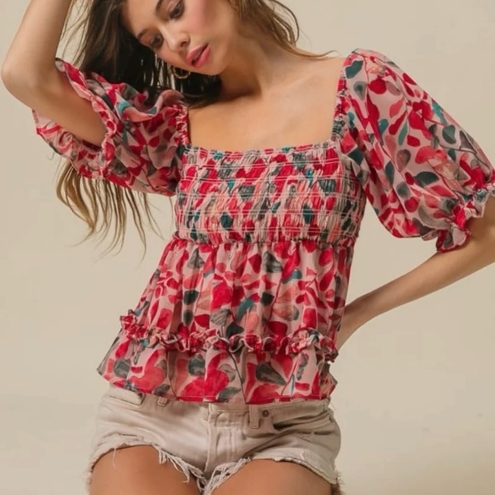BiBi Red and Pink Floral Blouse